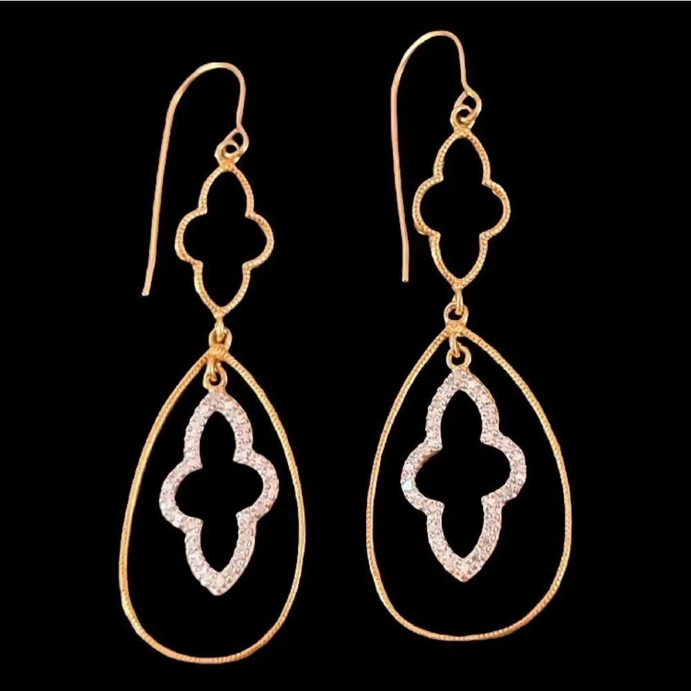 NEW Gold Over Sterling Modern Long Clover Diamond Dangle Wire Earrings